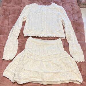 Women’s Cream Knit Skirt and long sleeve set - Elegant Textured A-line